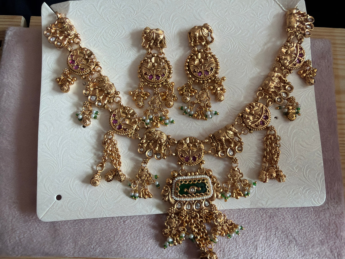 Antique Gold Traditional Necklace Set with Green & Ruby Stones
