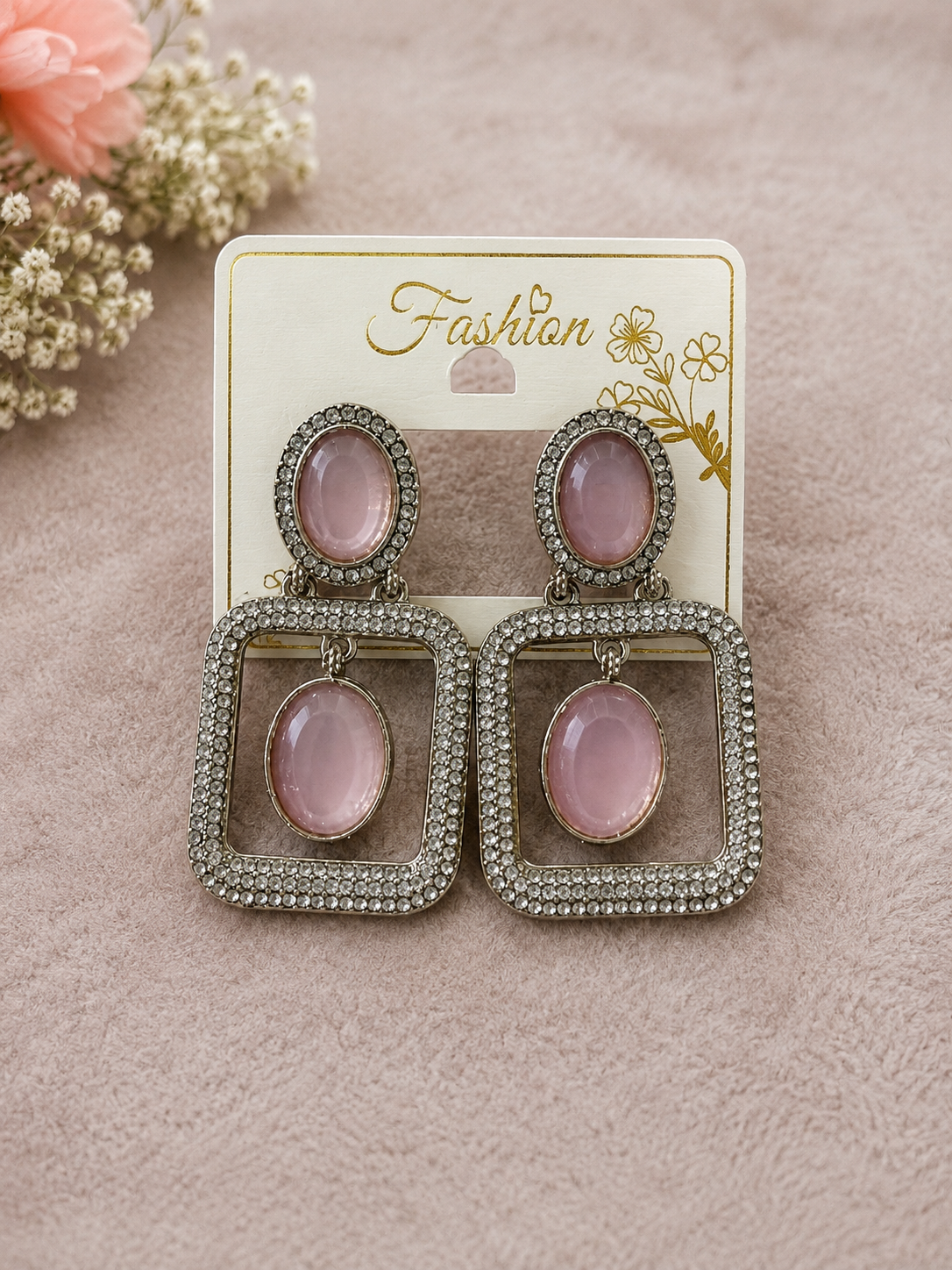 Elegant Pink Stone Geometric Drop Earrings