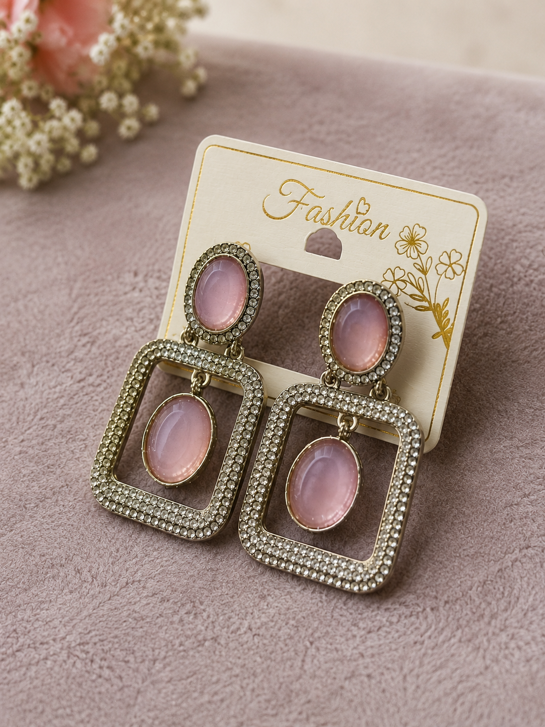 Elegant Pink Stone Geometric Drop Earrings