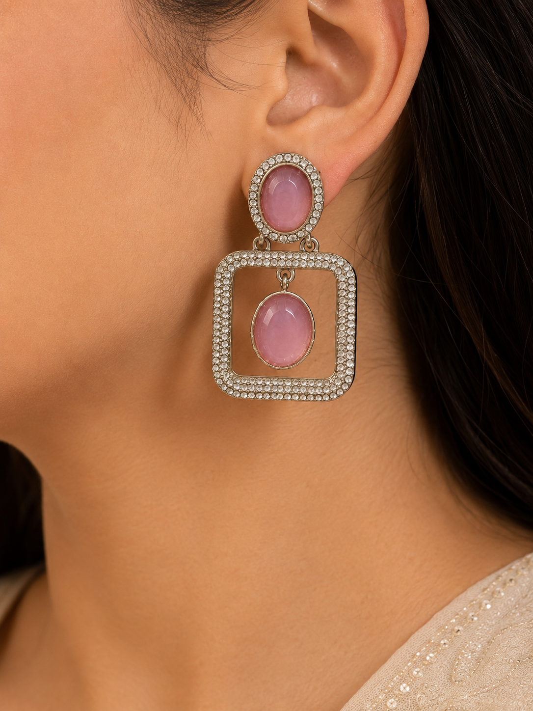 Elegant Pink Stone Geometric Drop Earrings