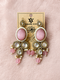Pink Stone Designer Chandelier Earrings with Pearl Bead Detailing