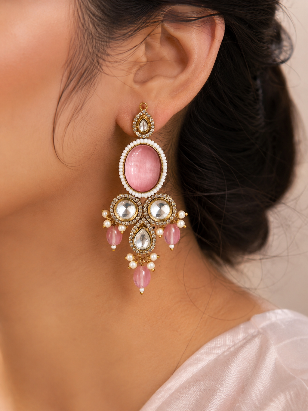 Pink Stone Designer Chandelier Earrings with Pearl Bead Detailing