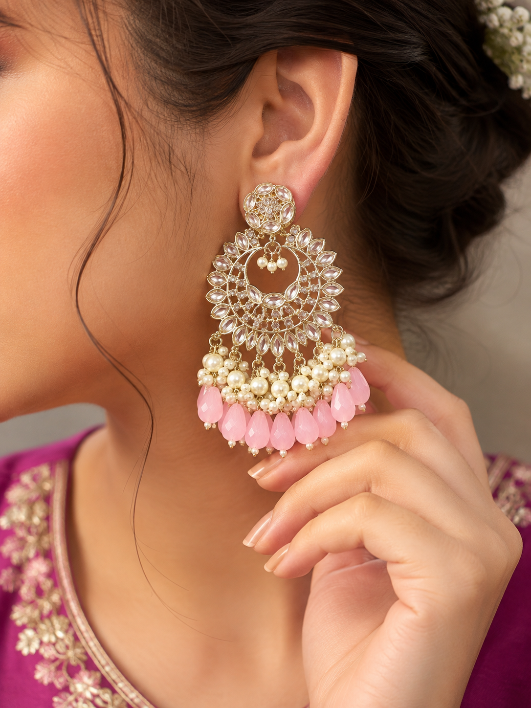 Pink Pearl & Crystal Chandelier Earrings