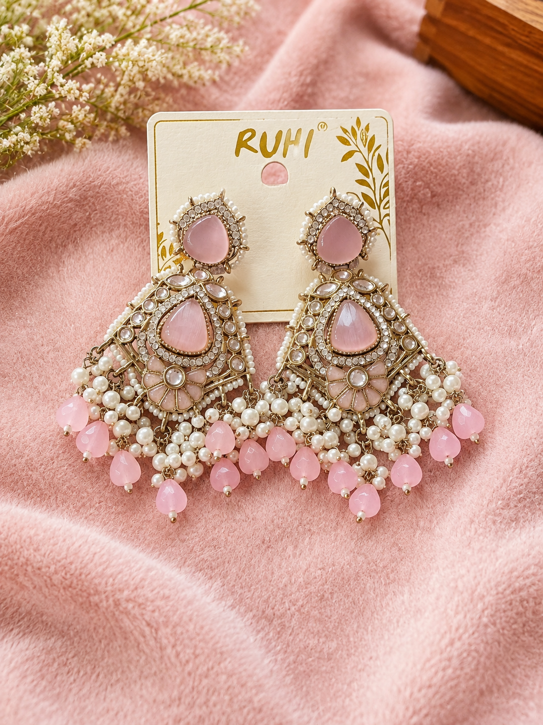 Pink Stone & Pearl Chandelier Earrings