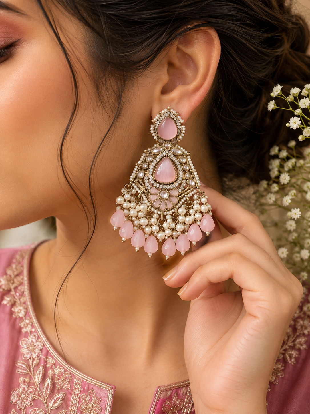 Pink Stone & Pearl Chandelier Earrings