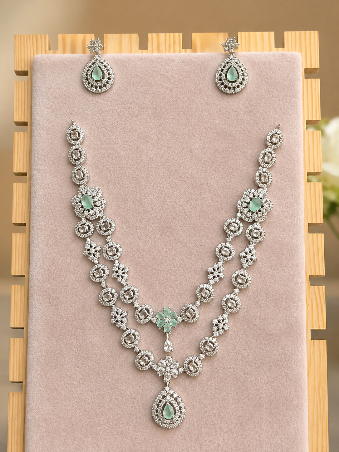 Silver-Tone Green Stone Necklace & Earrings Set