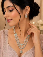 Silver-Tone Green Stone Necklace & Earrings Set