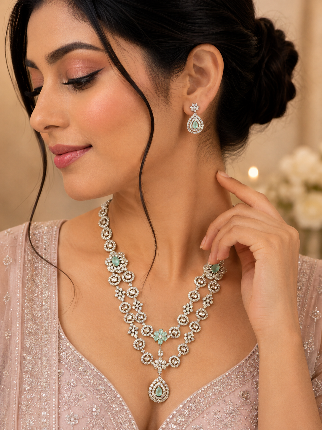 Silver-Tone Green Stone Necklace & Earrings Set