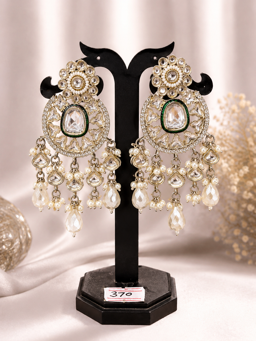 Silver-Tone Green Stone Pearl Chandelier Earrings
