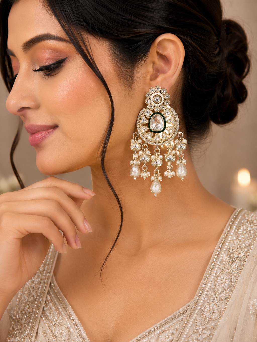 Silver-Tone Green Stone Pearl Chandelier Earrings