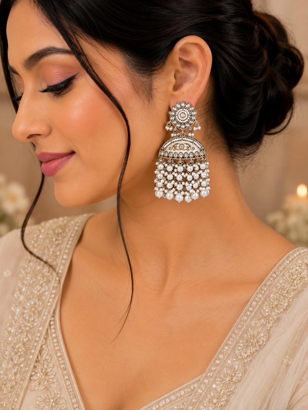 Silver-Tone Pearl Jhumka Chandelier Earrings