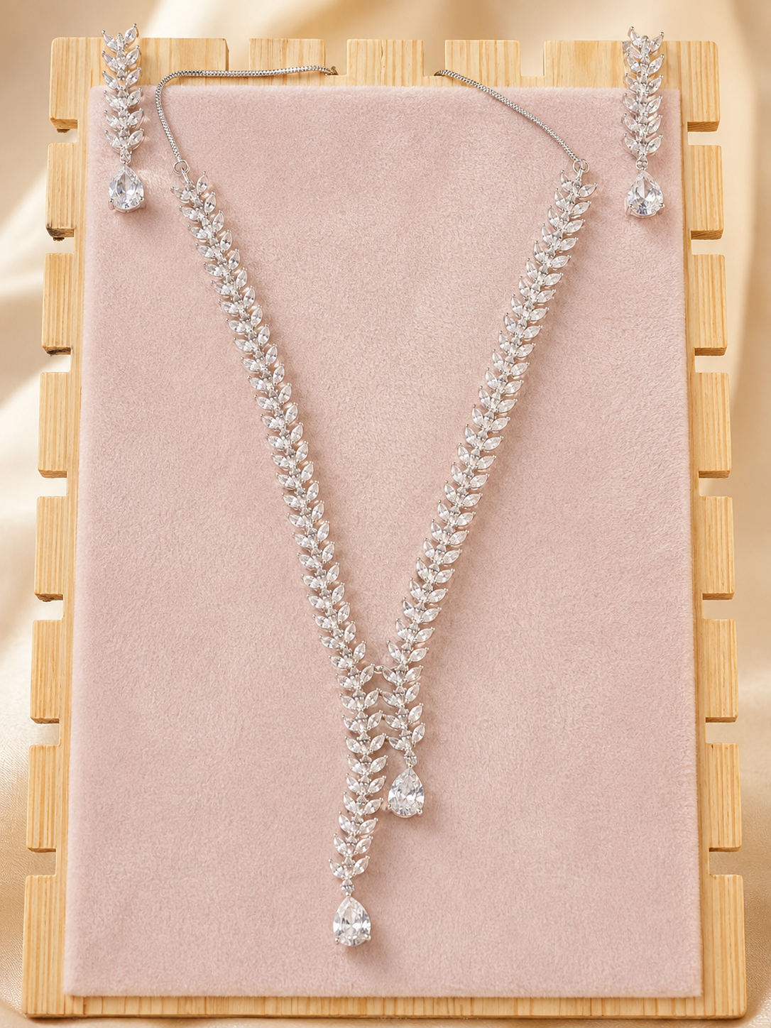 Silver-Tone Leaf Crystal Necklace & Earrings Set