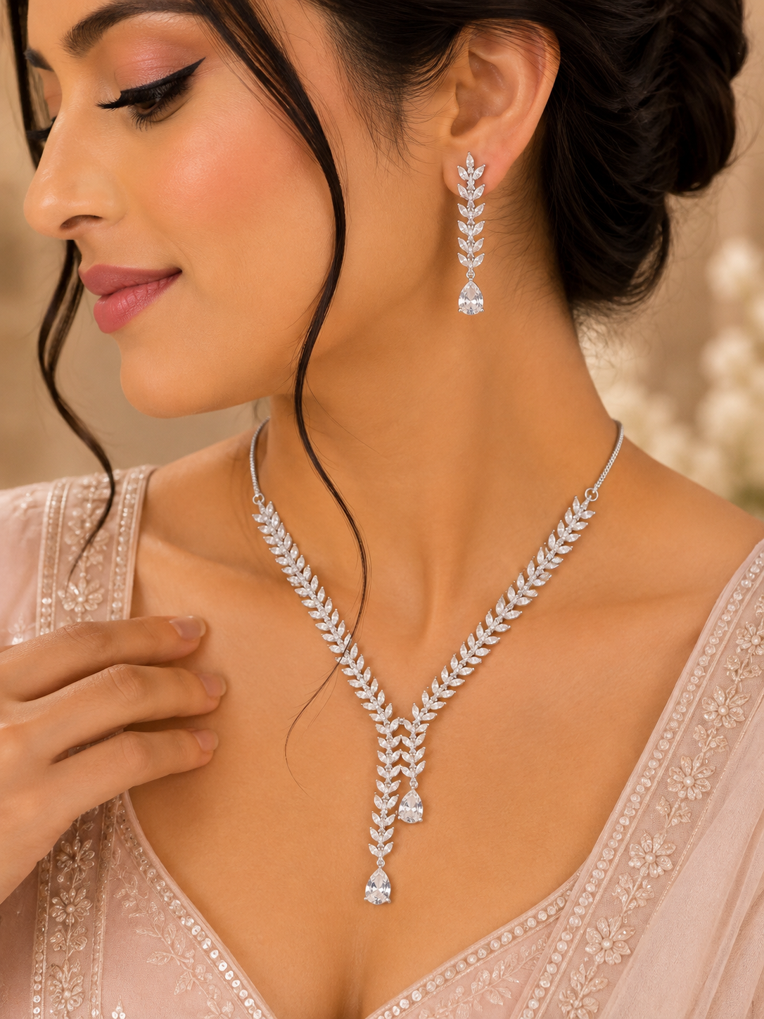 Silver-Tone Leaf Crystal Necklace & Earrings Set
