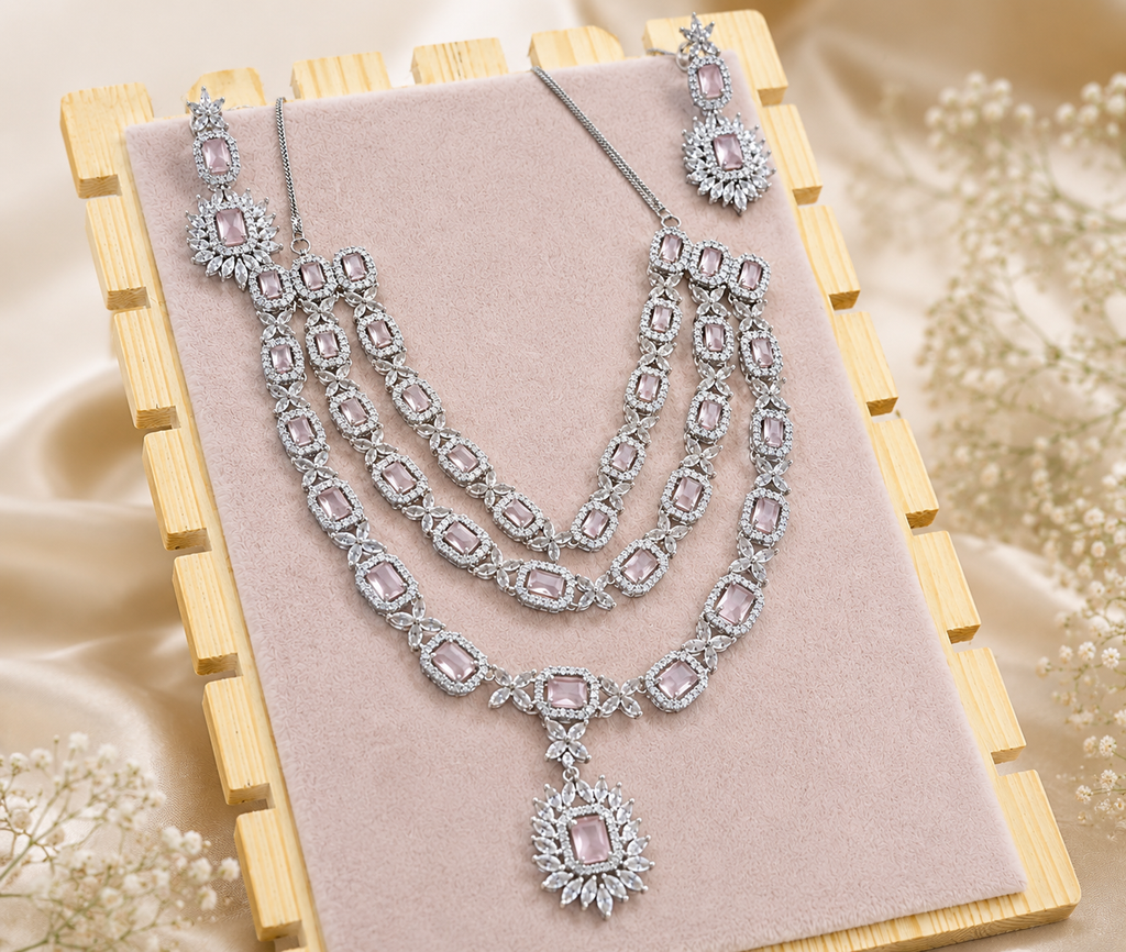 Silver-Tone Pink Stone Layered Necklace & Earrings Set
