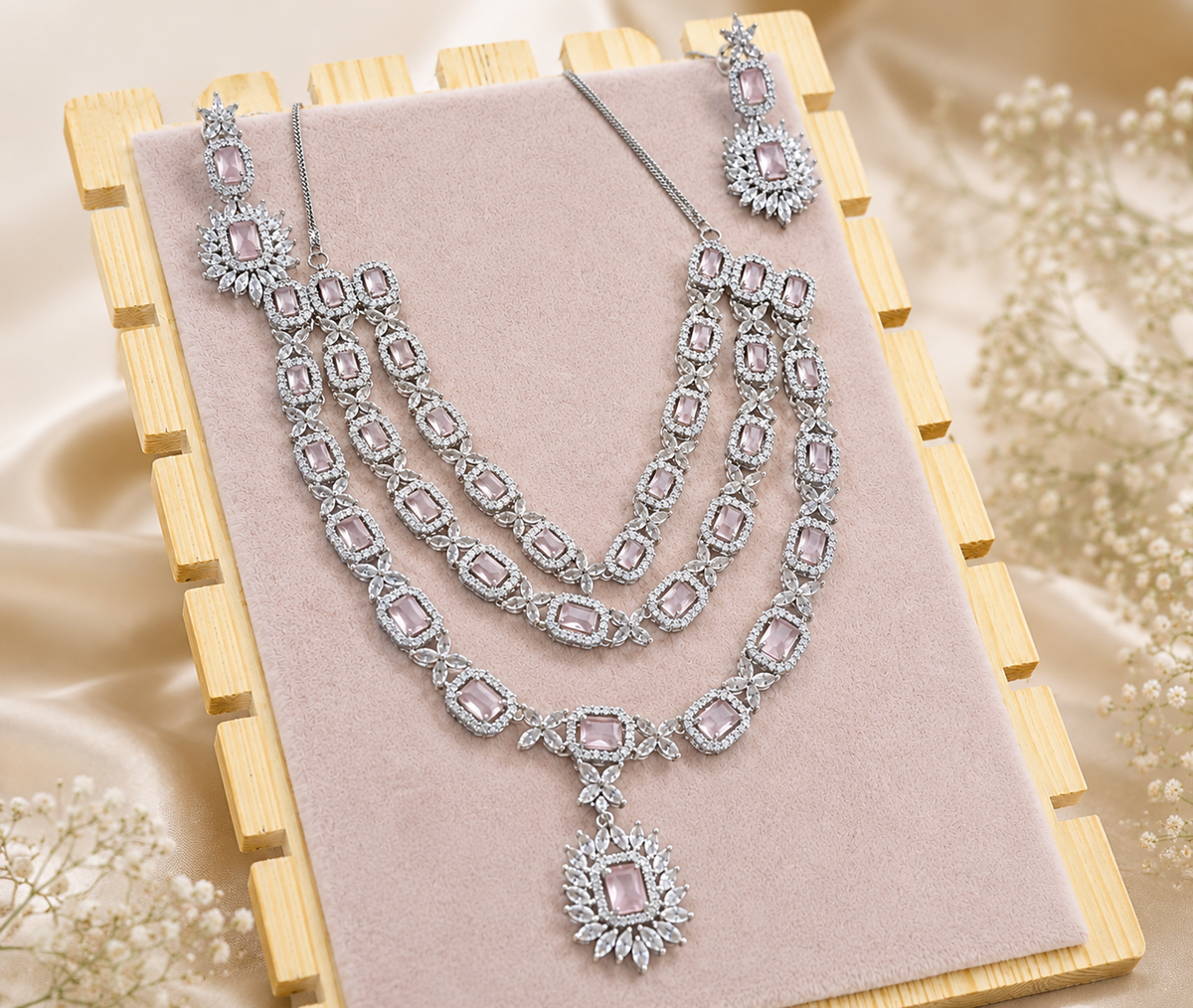 Silver-Tone Pink Stone Layered Necklace & Earrings Set