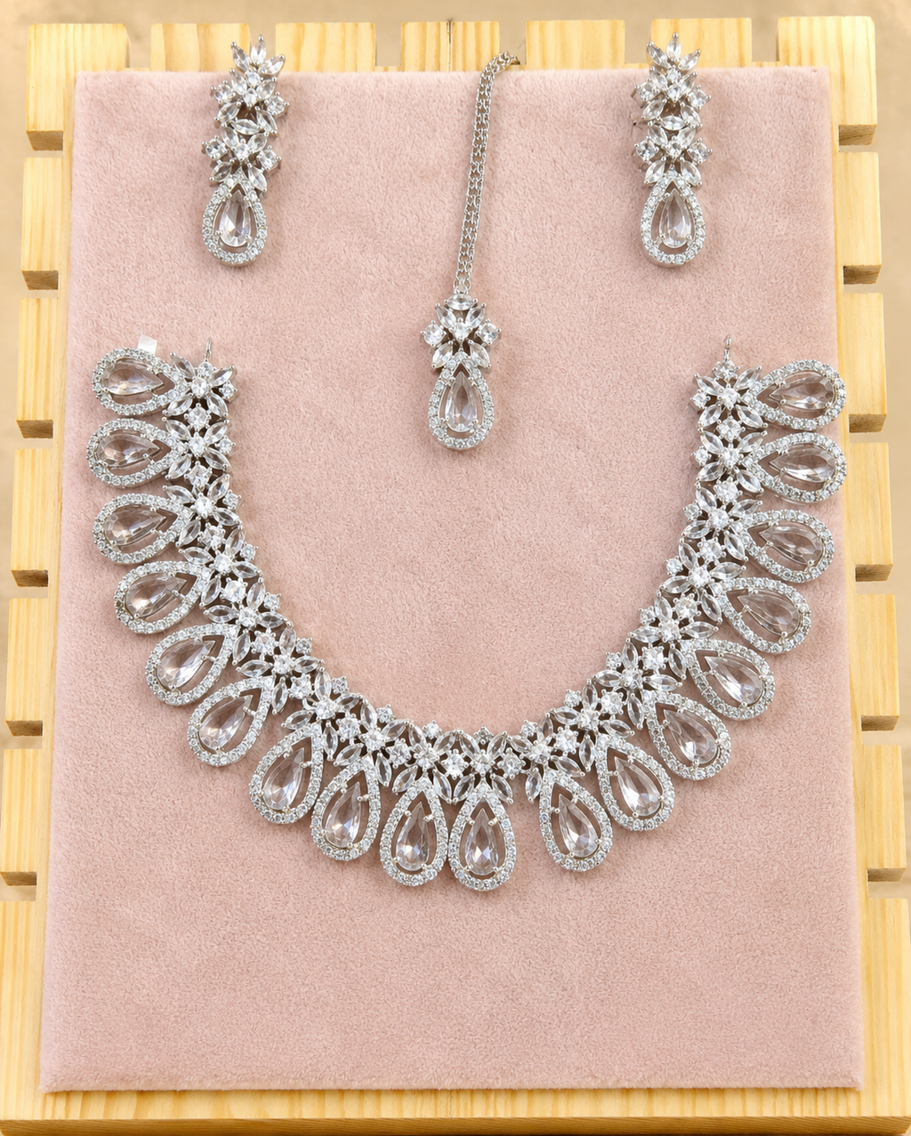Silver-Tone Crystal Teardrop Necklace, Earrings & Maang Tikka Set