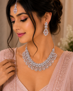 Silver-Tone Crystal Teardrop Necklace, Earrings & Maang Tikka Set