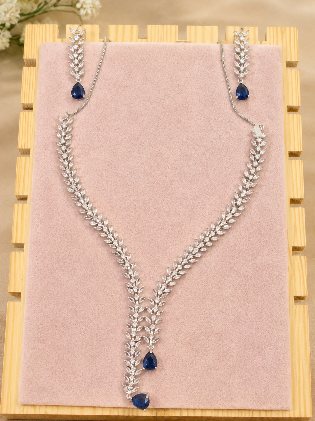 Silver-Tone Blue Stone Leaf-Design Necklace & Earrings Set