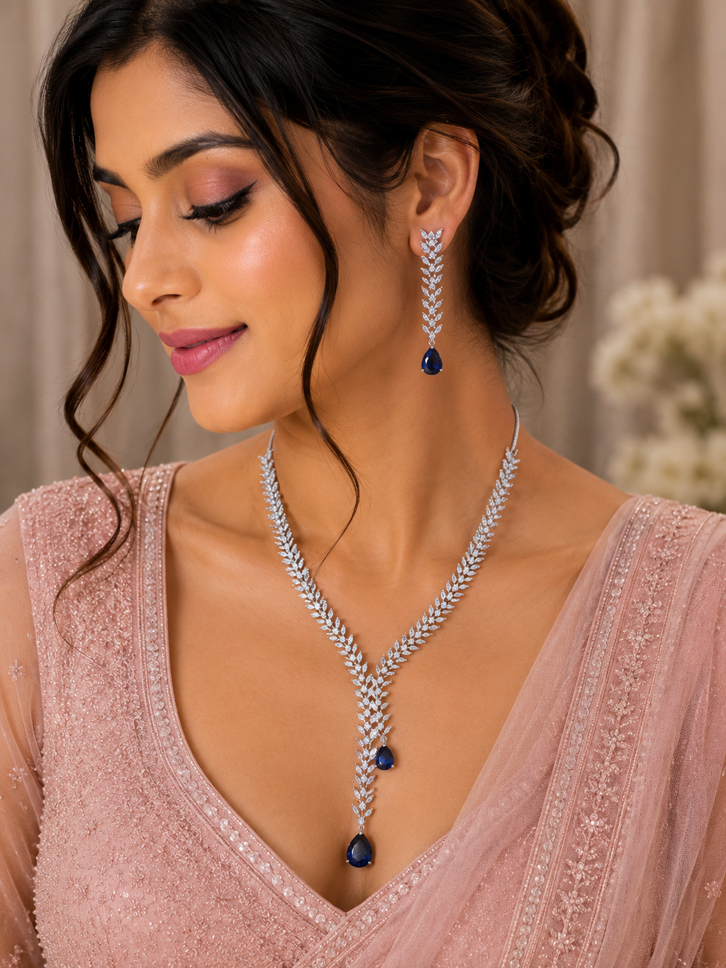 Silver-Tone Blue Stone Leaf-Design Necklace & Earrings Set