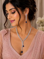 Silver-Tone Blue Stone Leaf-Design Necklace & Earrings Set