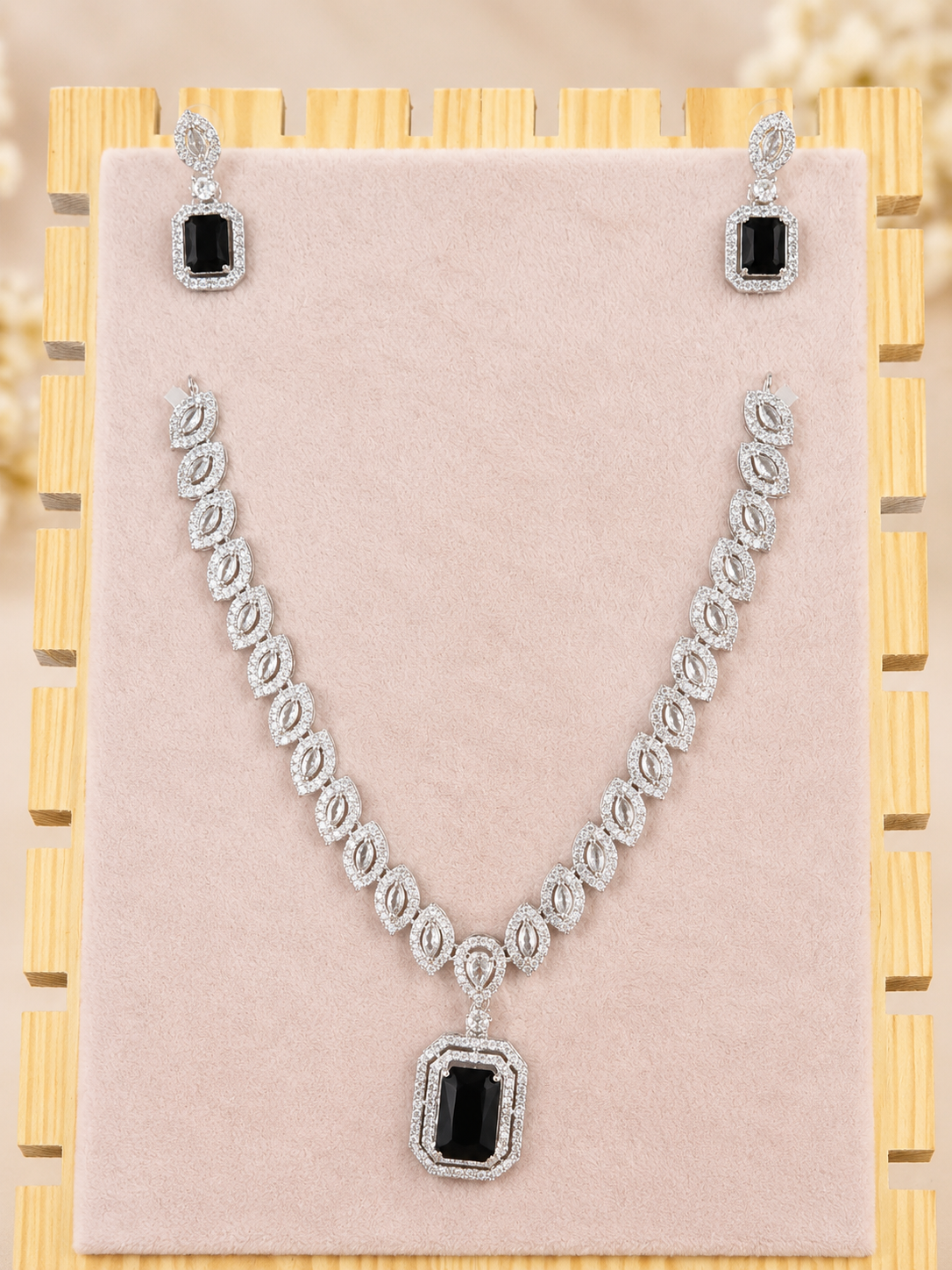 Silver-Tone Black Stone Necklace & Earrings Set