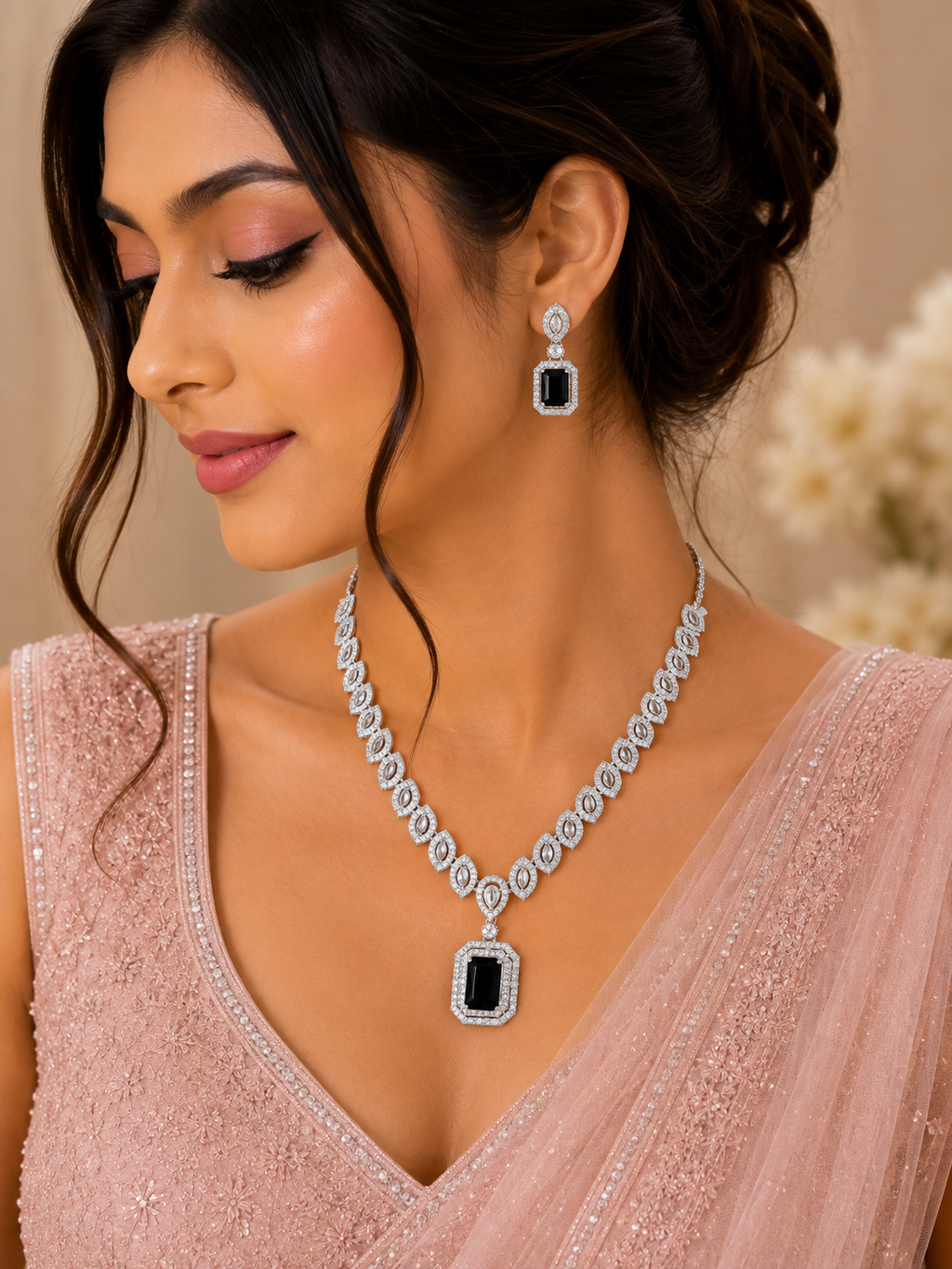 Silver-Tone Black Stone Necklace & Earrings Set