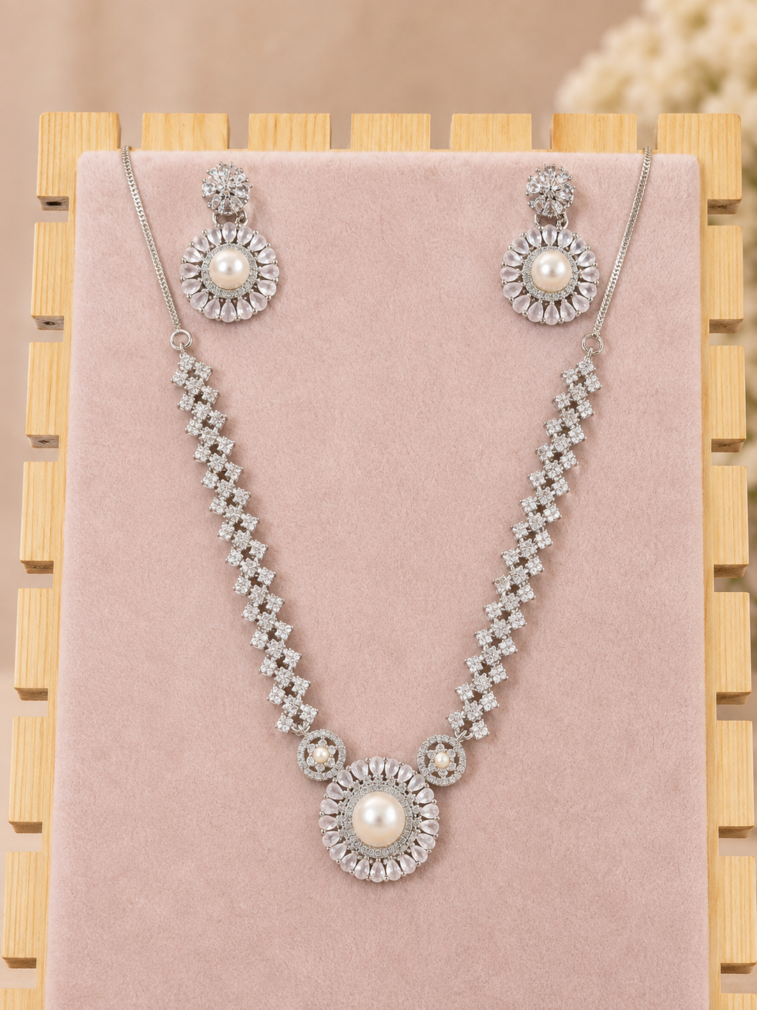Silver-Tone Pearl & Crystal Floral Necklace & Earrings Set