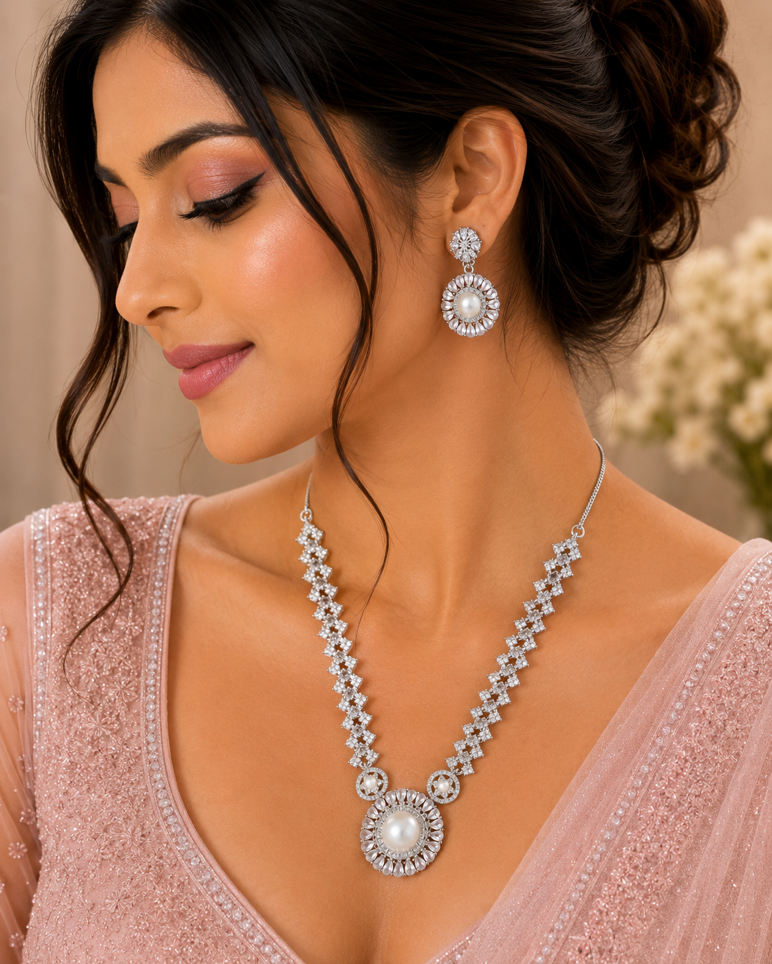 Silver-Tone Pearl & Crystal Floral Necklace & Earrings Set