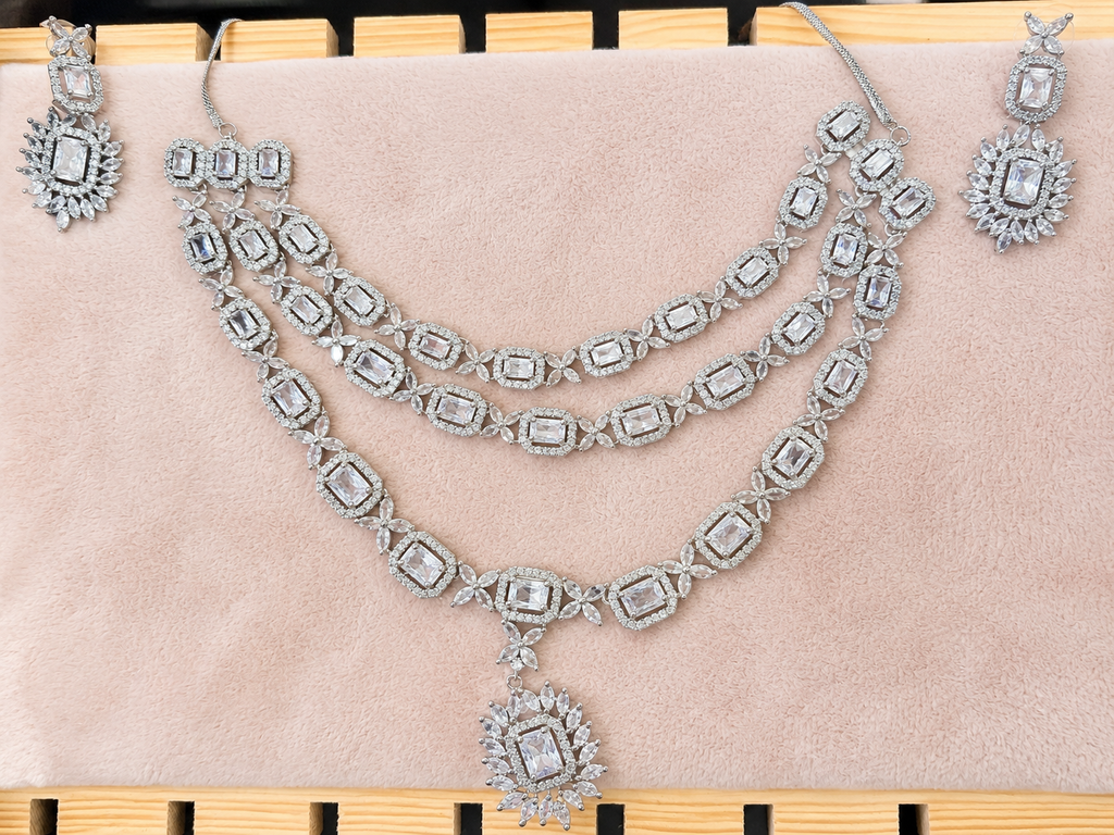 Silver-Tone Rectangular Stone Layered Necklace & Earrings Set