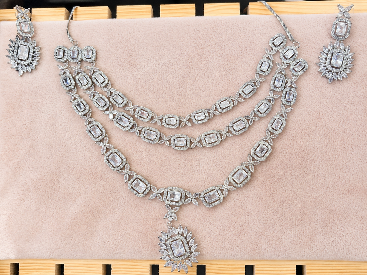 Silver-Tone Rectangular Stone Layered Necklace & Earrings Set