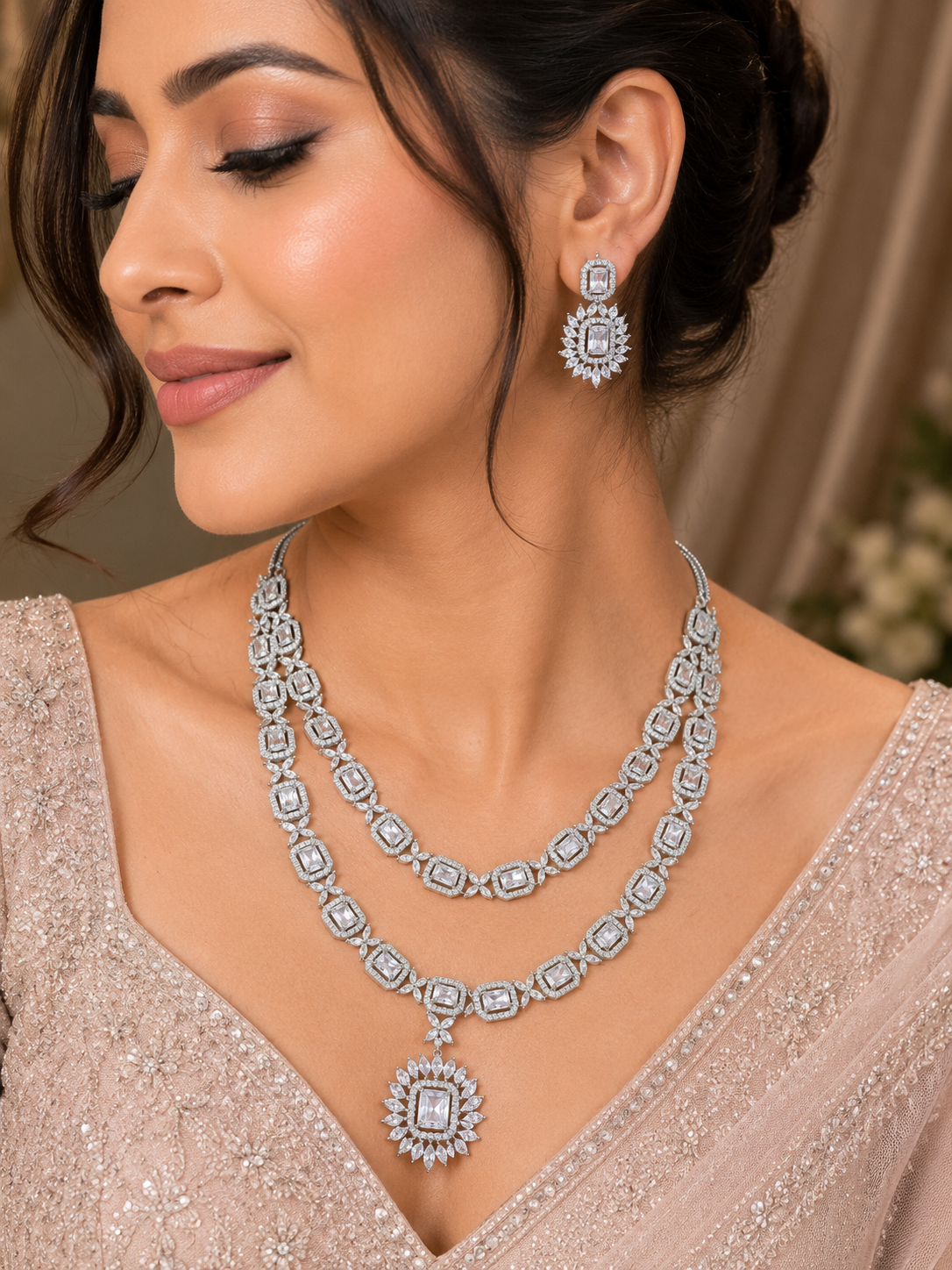 Silver-Tone Rectangular Stone Layered Necklace & Earrings Set