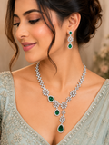 Silver-Tone Emerald Green Stone Necklace & Earrings Set