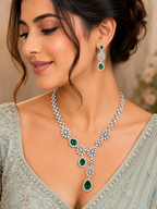 Silver-Tone Emerald Green Stone Necklace & Earrings Set