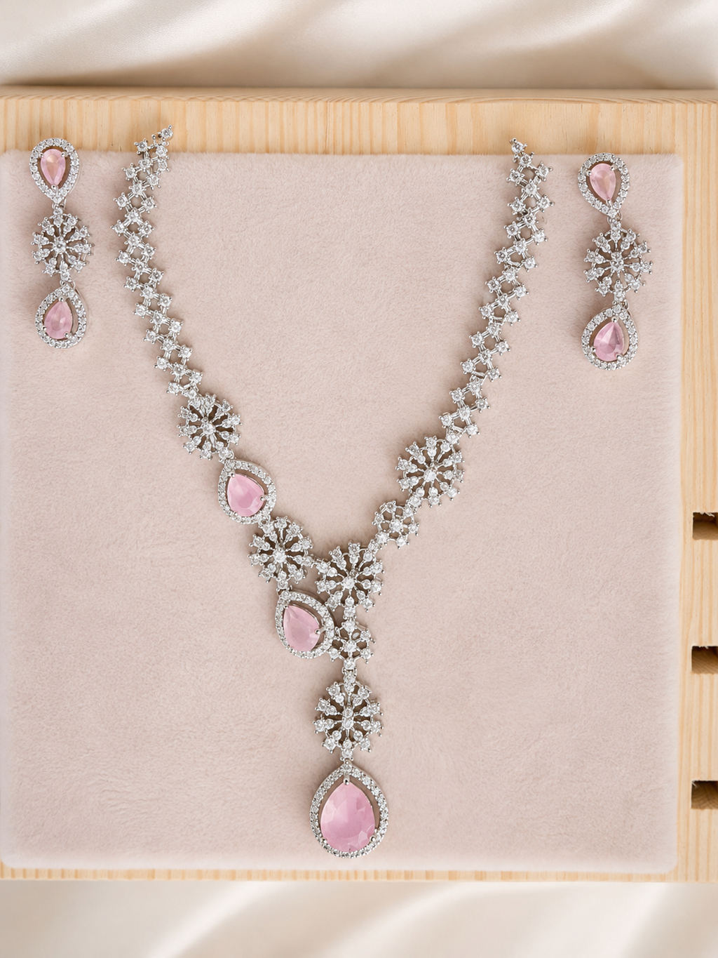 Pink Stone Floral Necklace & Matching Earrings Set