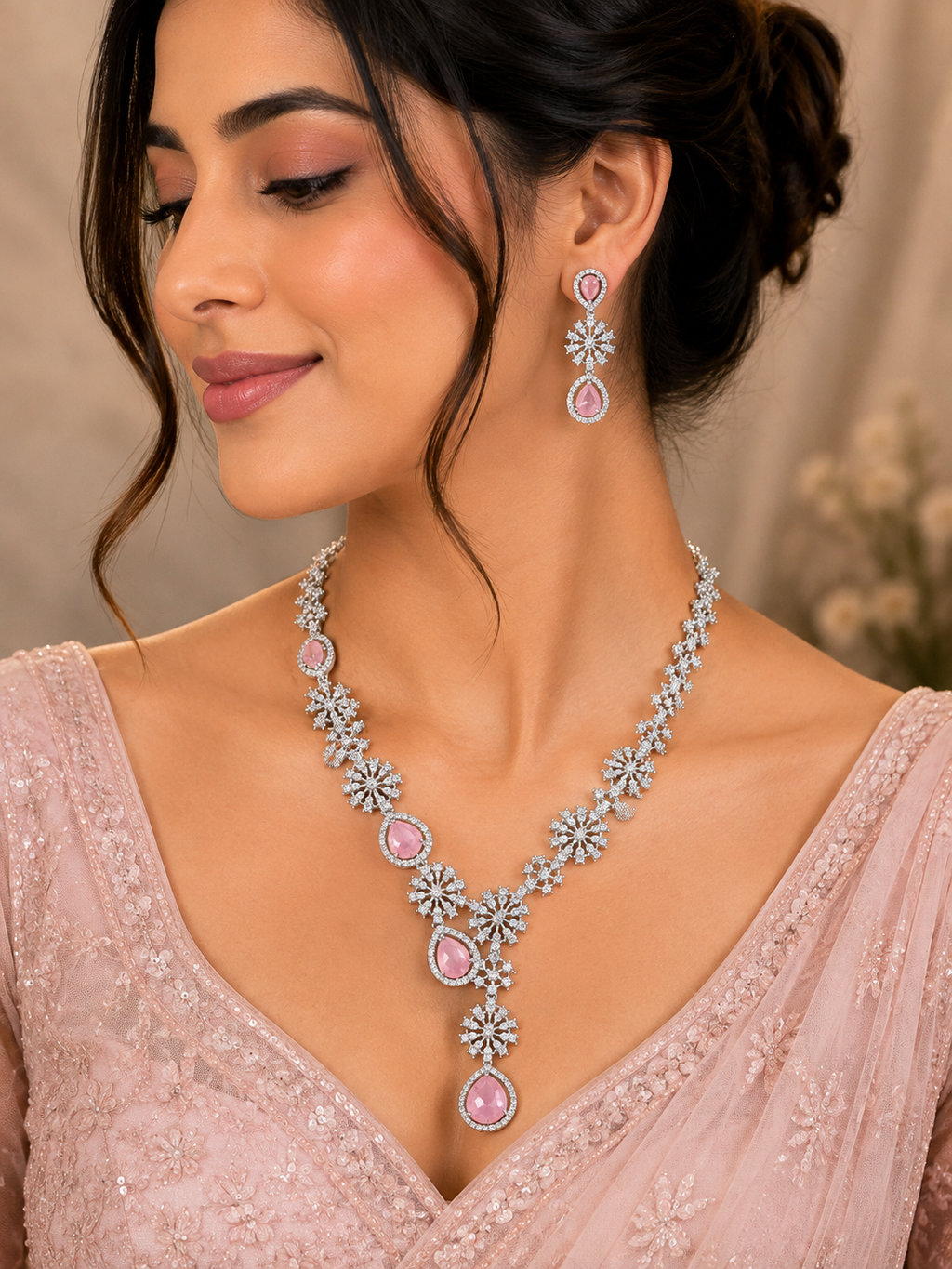 Pink Stone Floral Necklace & Matching Earrings Set