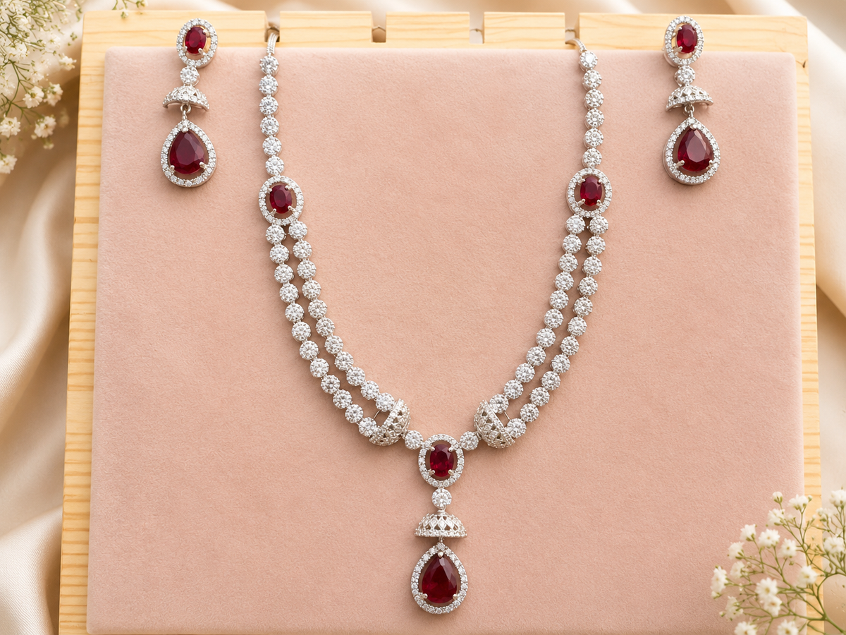 Ruby Red Double-Strand Necklace Set