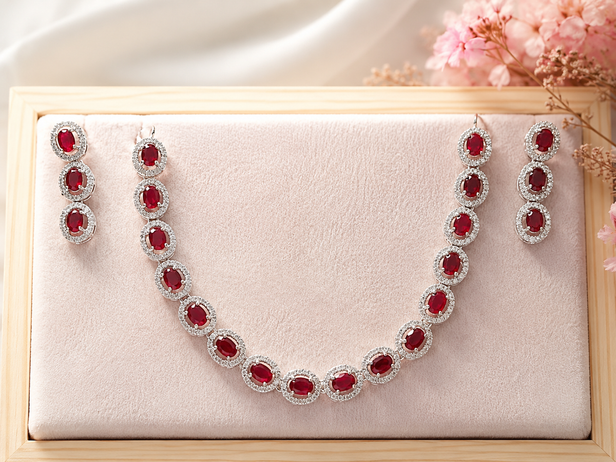 Ruby Red Stone Necklace & Matching Earrings Set