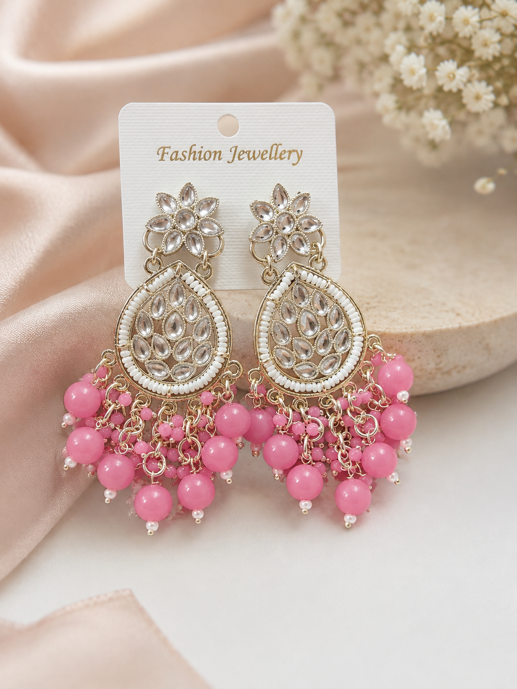 Pink Beaded Chandbali-Inspired Statement Earrings