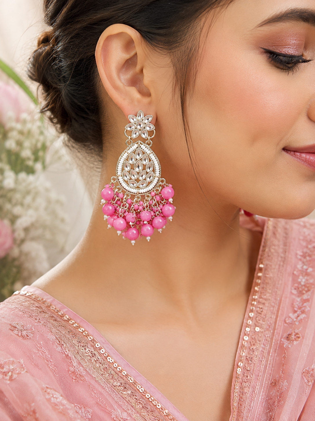 Pink Beaded Chandbali-Inspired Statement Earrings