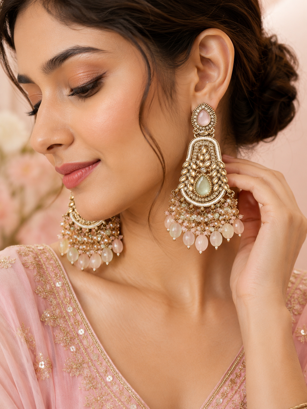 Pastel Pink & Green Antique Gold Chandelier Earrings