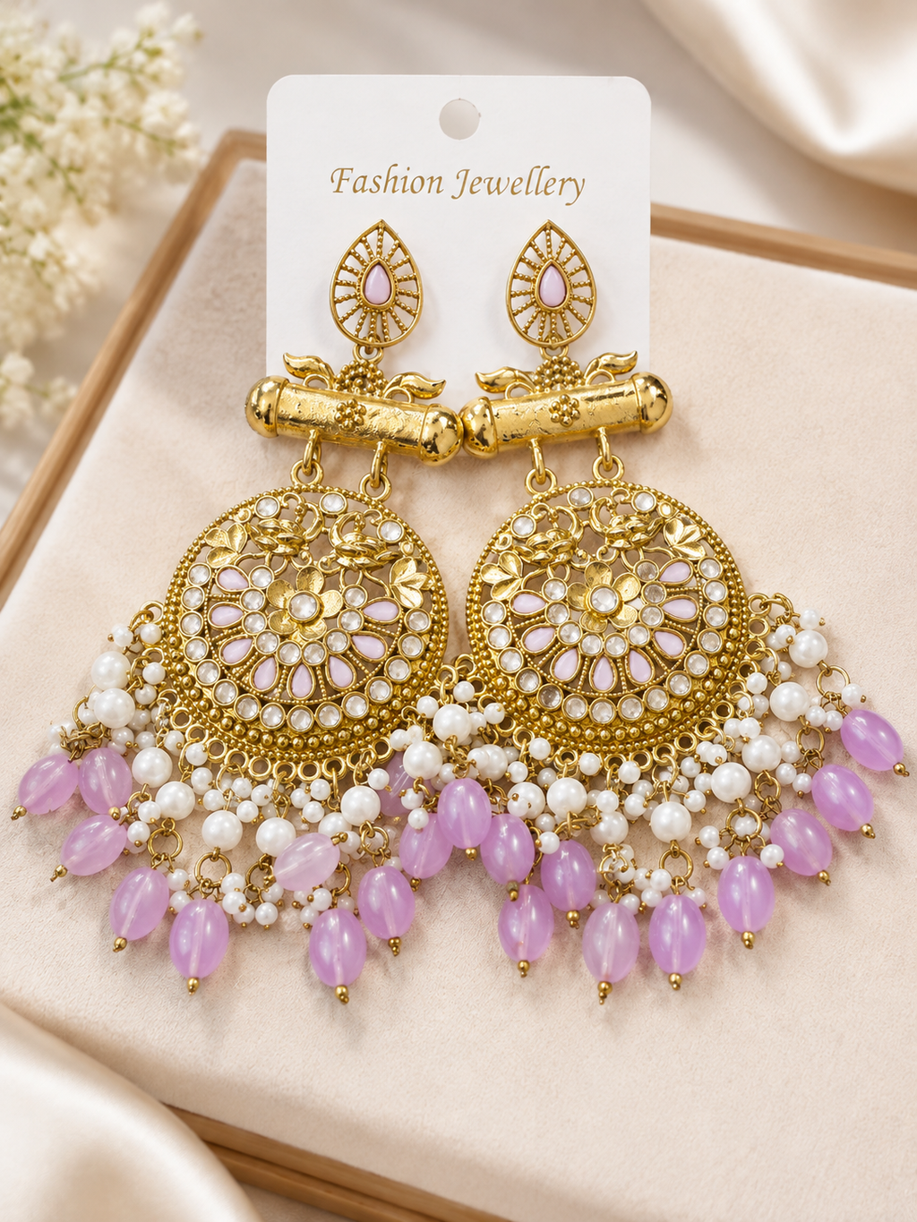 Gold-Plated Lavender Pearl & Beaded Chandelier Earrings