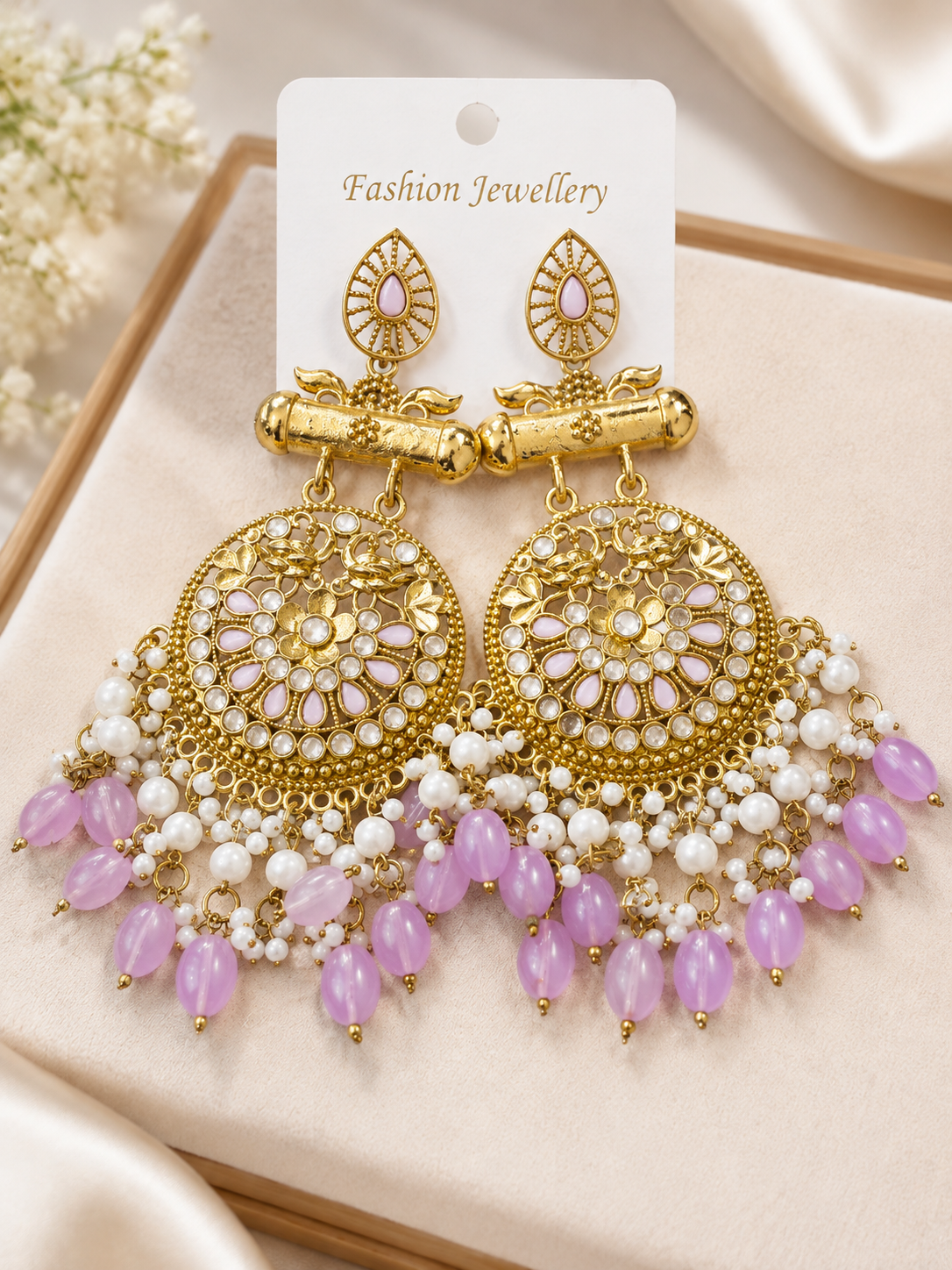 Gold-Plated Lavender Pearl & Beaded Chandelier Earrings