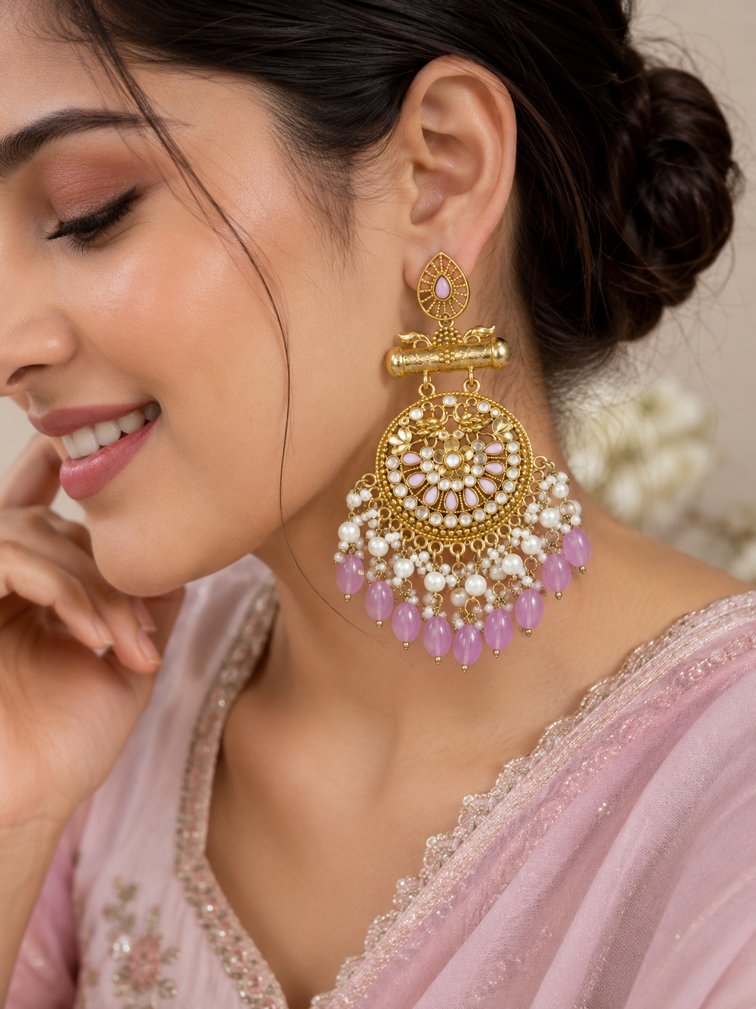 Gold-Plated Lavender Pearl & Beaded Chandelier Earrings
