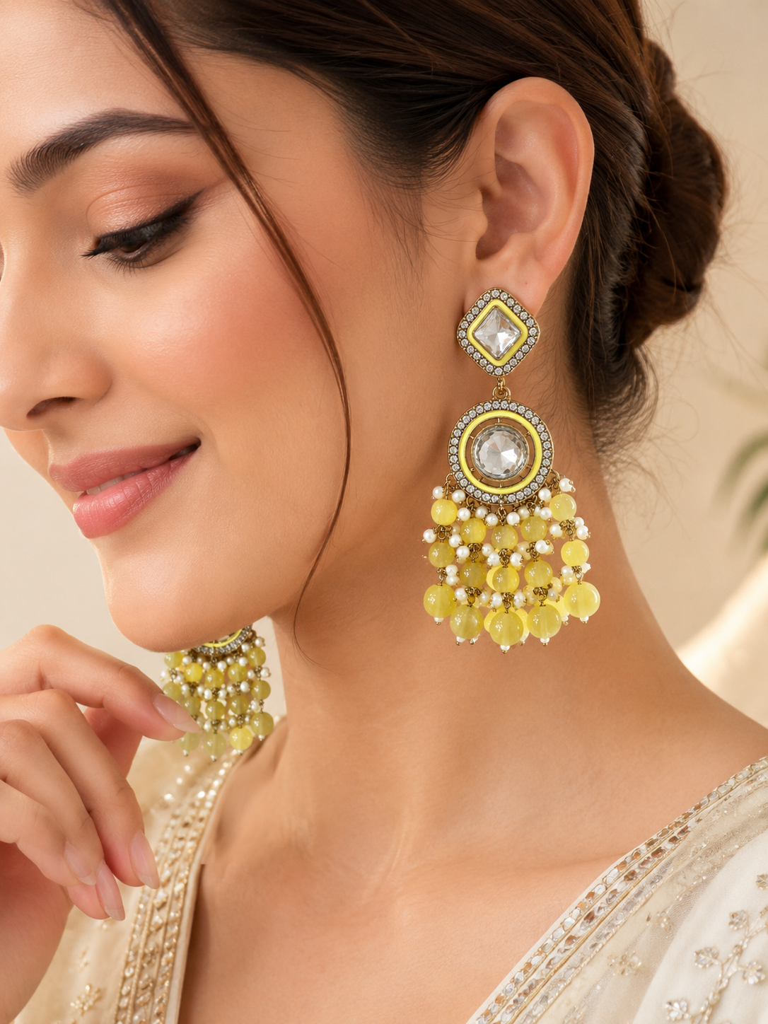 Yellow Beaded Crystal Chandelier Earrings