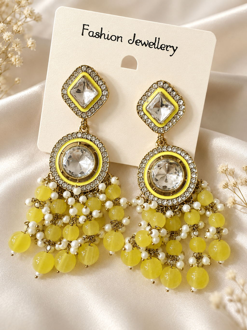 Yellow Beaded Crystal Chandelier Earrings