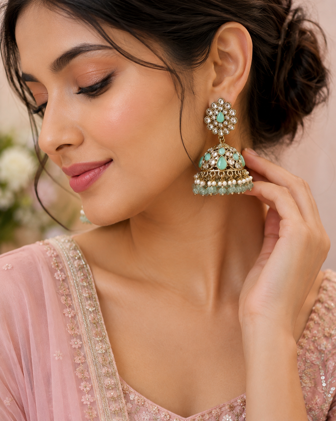 Mint Green Antique Gold Jhumka Earrings