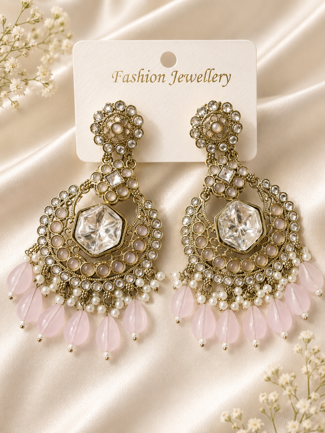 Pink Crystal & Beaded Chandelier Earrings – Artificial Jewellery