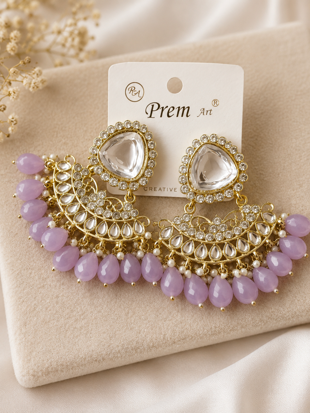 Artificial Lavender Kundan-Style Chandelier Earrings