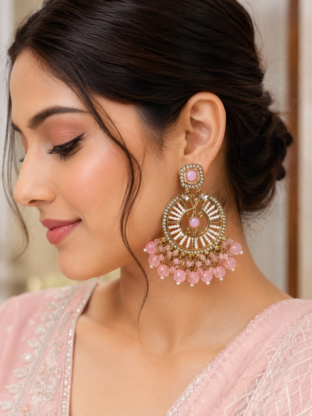 Pink & Gold Pearl Beaded Chandelier Earrings | Artificial Fashion Jewellery