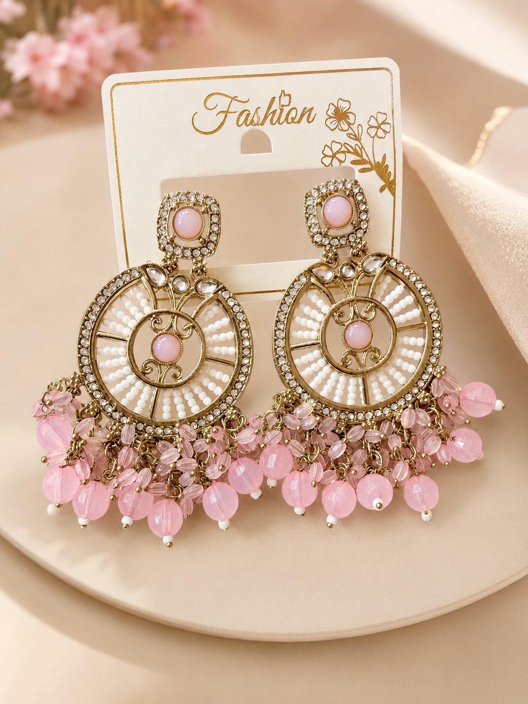 Pink & Gold Pearl Beaded Chandelier Earrings | Artificial Fashion Jewellery